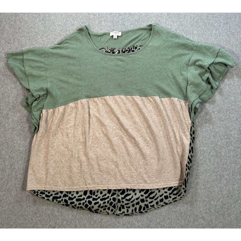 Umgee Leopard Print Mixed Media Top Size Medium Green Beige Linen Ruffle Sleeve